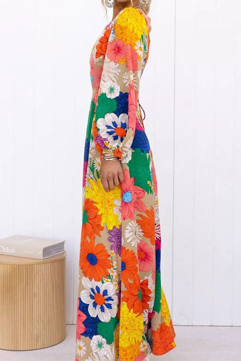 Kaynafashions - Elegant Floral Frenulum V Neck A Line Dresses