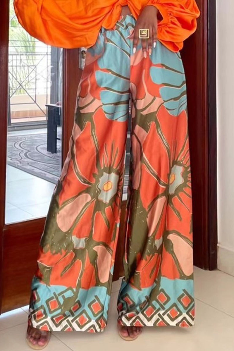 Kaynafashions - Street Floral Loose High Waist Wide Leg Full Print Bottoms