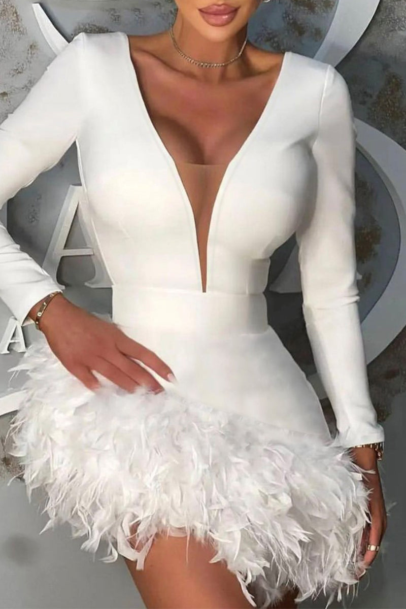 Kaynafashions - Sexy Formal Solid Feathers V Neck Wrapped Skirt Dresses