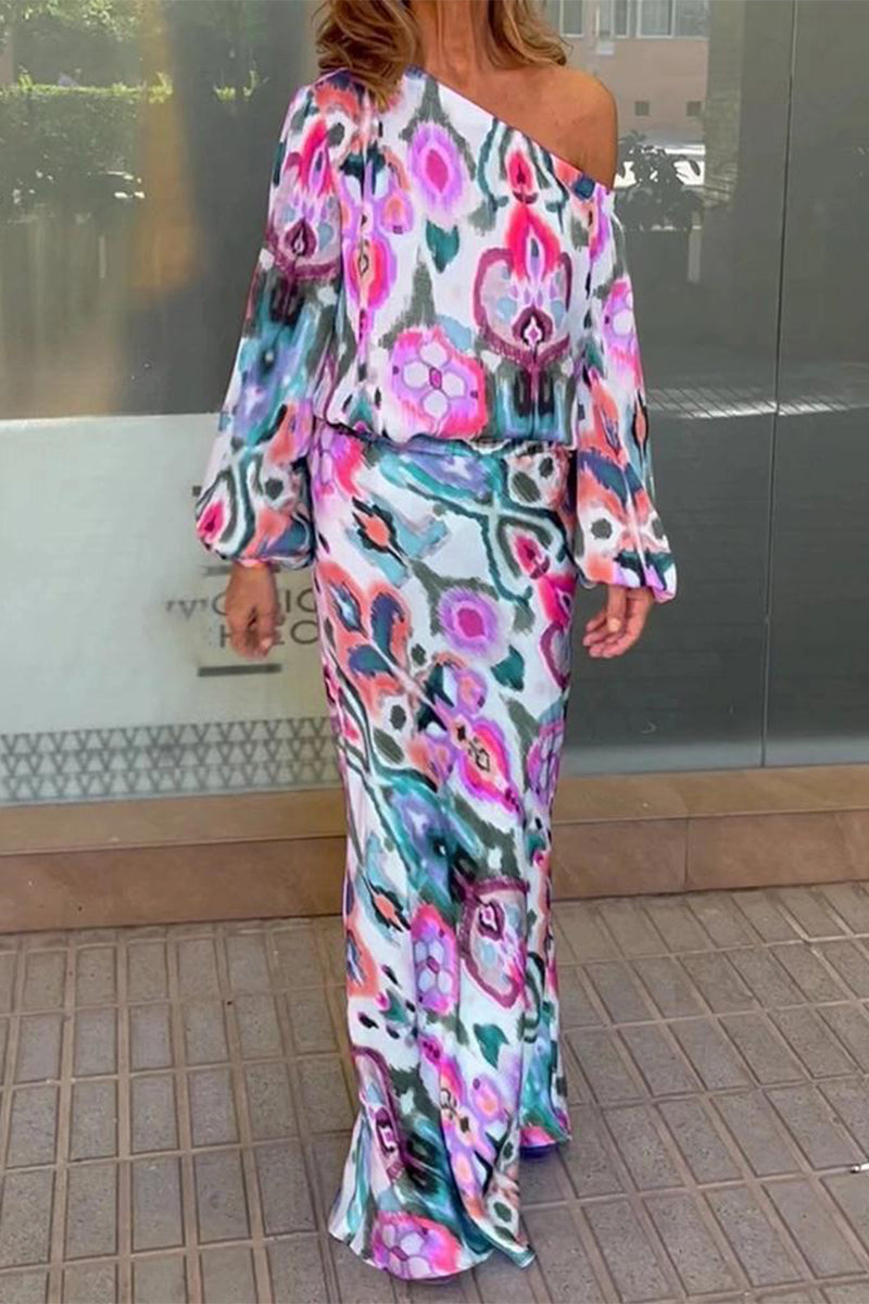 Kaynafashions - Sexy Floral Asymmetrical Oblique Collar Long Sleeve Two Pieces(7 Colors)