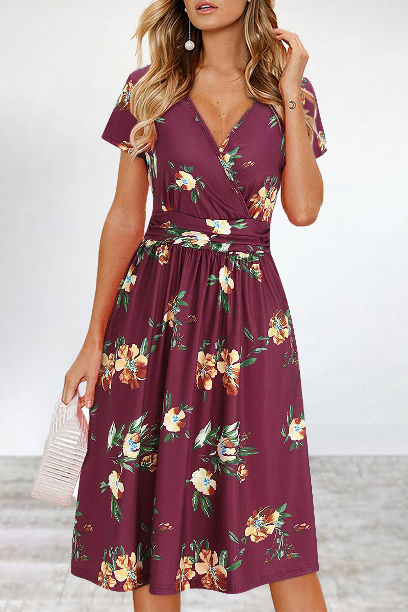 Kaynafashions - Elegant College Floral Patchwork V Neck A Line Dresses
