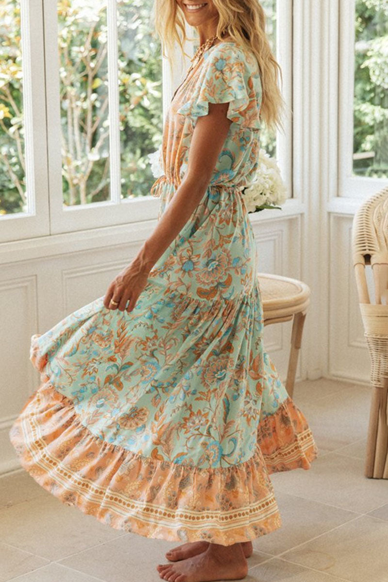 Kaynafashions - Fashion Vacation Print Patchwork V Neck Printed Dresses