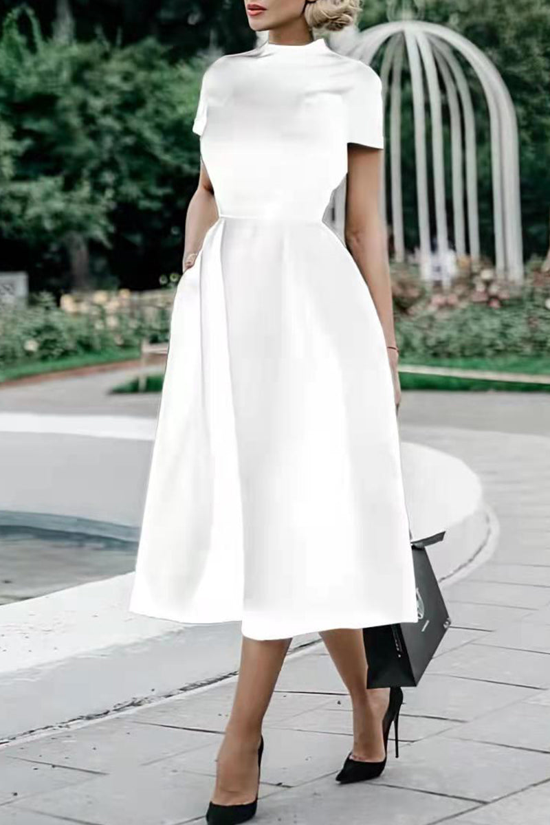 Kaynafashions - Celebrities Elegant Solid Solid Color O Neck Waist Skirt Dresses(4 Colors)