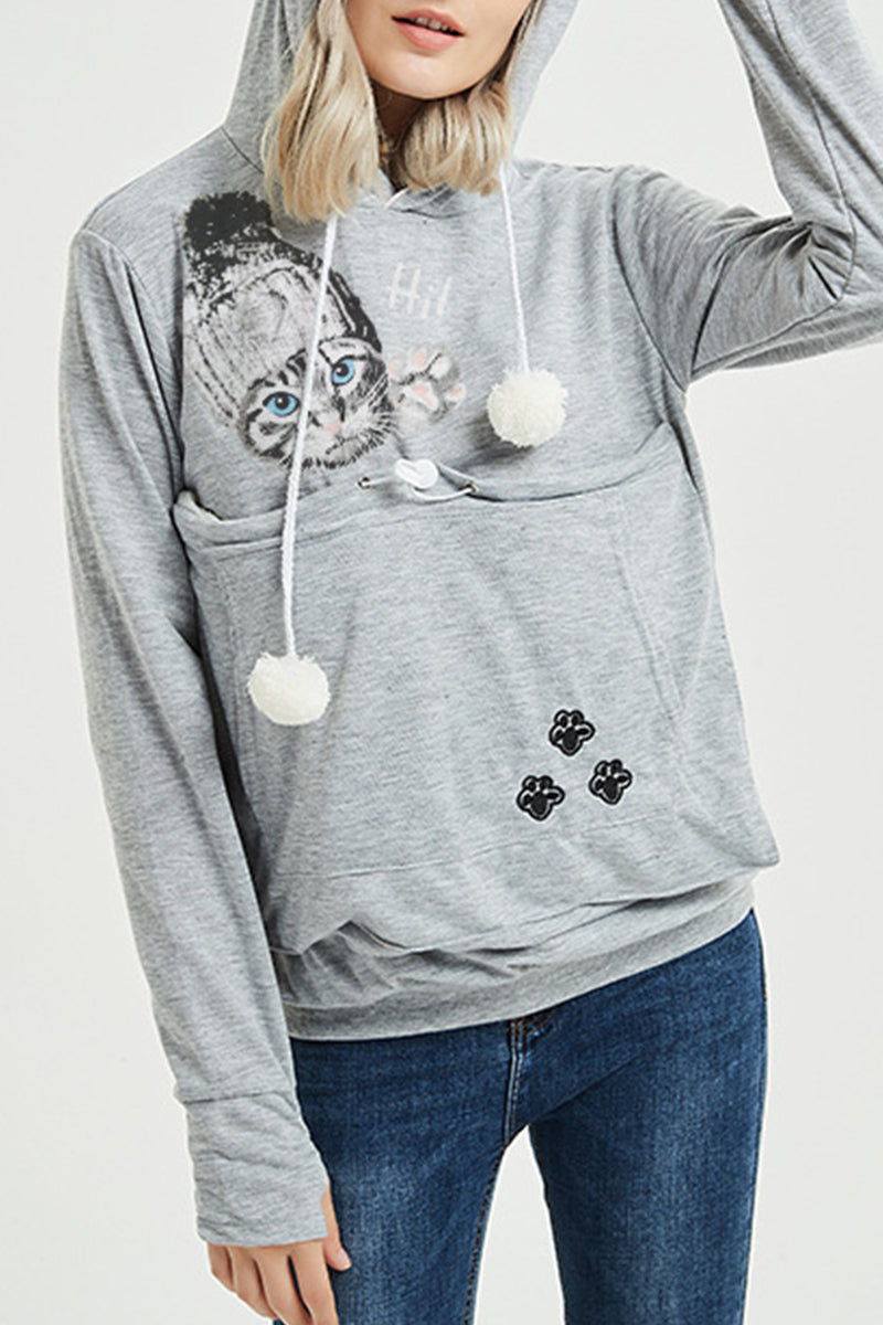 Kaynafashions - Casual Print Pocket Hooded Collar Tops