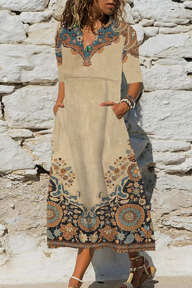 Kaynafashions - Casual Print Pocket V Neck A Line Dresses