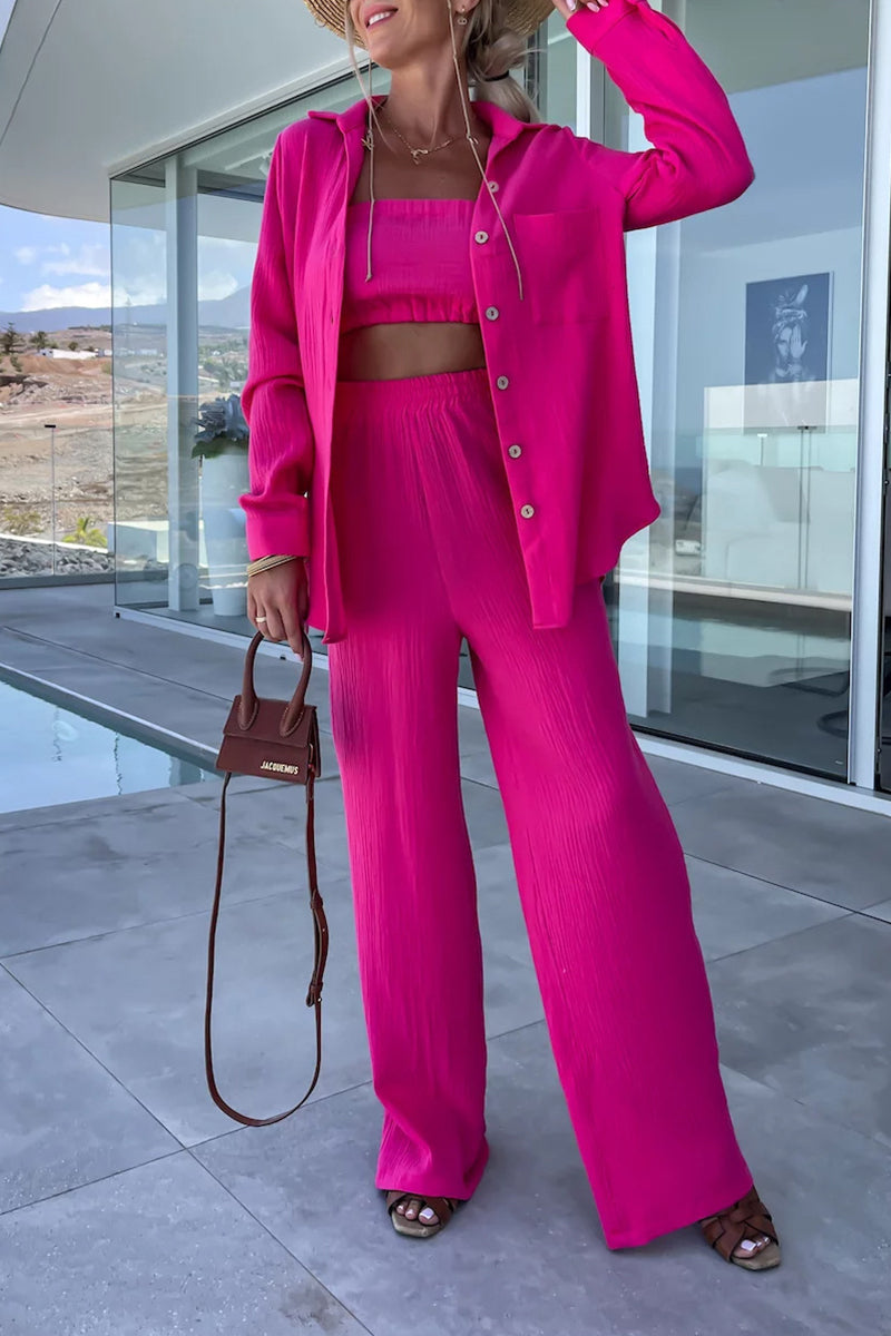 Kaynafashions - Casual Simplicity Solid Fold Turndown Collar Long Sleeve Two Pieces