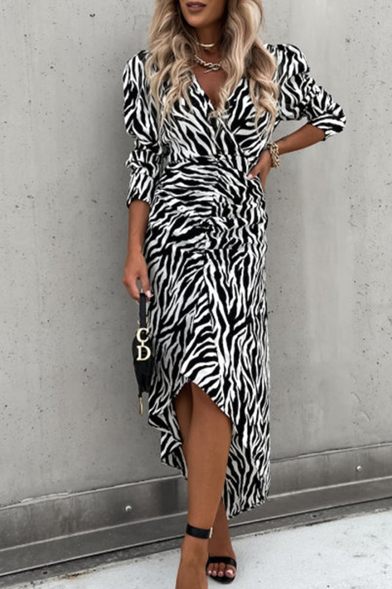 Kaynafashions - Work Elegant Printing V Neck Irregular Dress Dresses