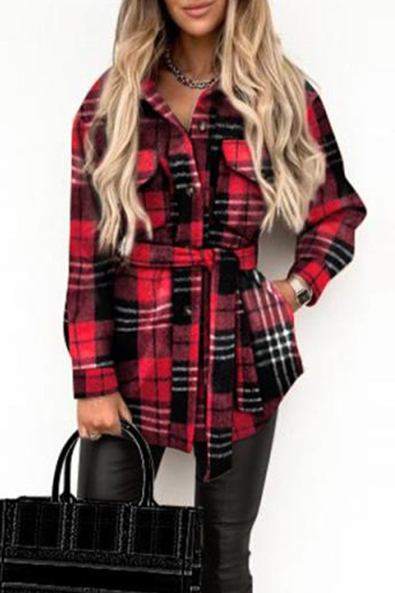 Kaynafashions - Street Plaid Buckle With Belt Turndown Collar Outerwear(5 Colors)