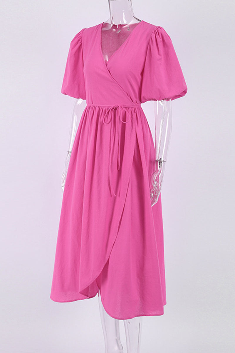 Kaynafashions - Casual Solid Bandage Patchwork Slit V Neck Straight Dresses(3 Colors)