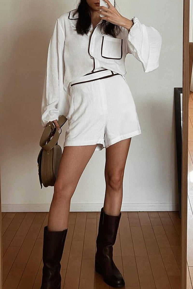 Kaynafashions - Daily Simplicity Solid Pocket Contrast Turndown Collar Long Sleeve Two Pieces