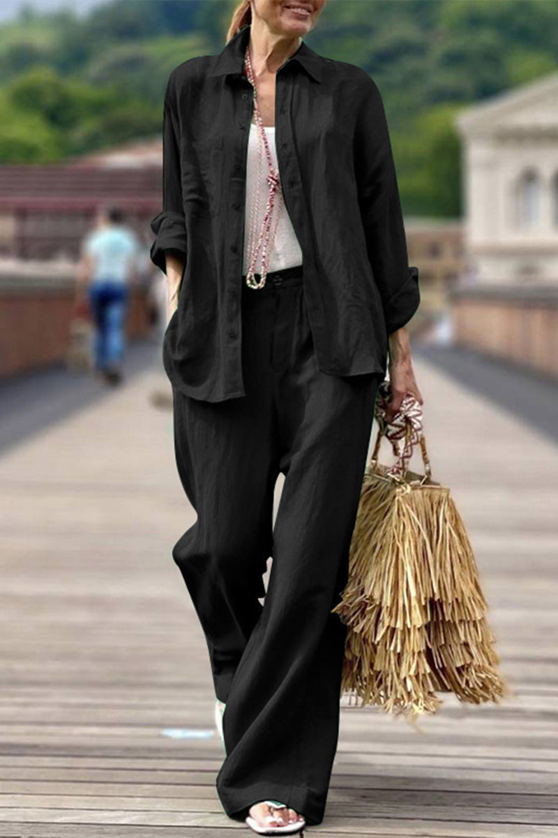 Kaynafashions - Casual Simplicity Solid Pocket Turndown Collar Long Sleeve Two Pieces