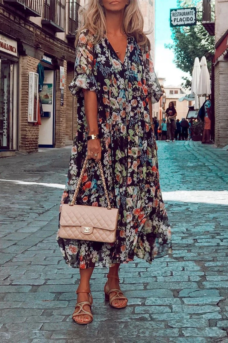 Kaynafashions - Casual Print Patchwork V Neck Cake Skirt Dresses