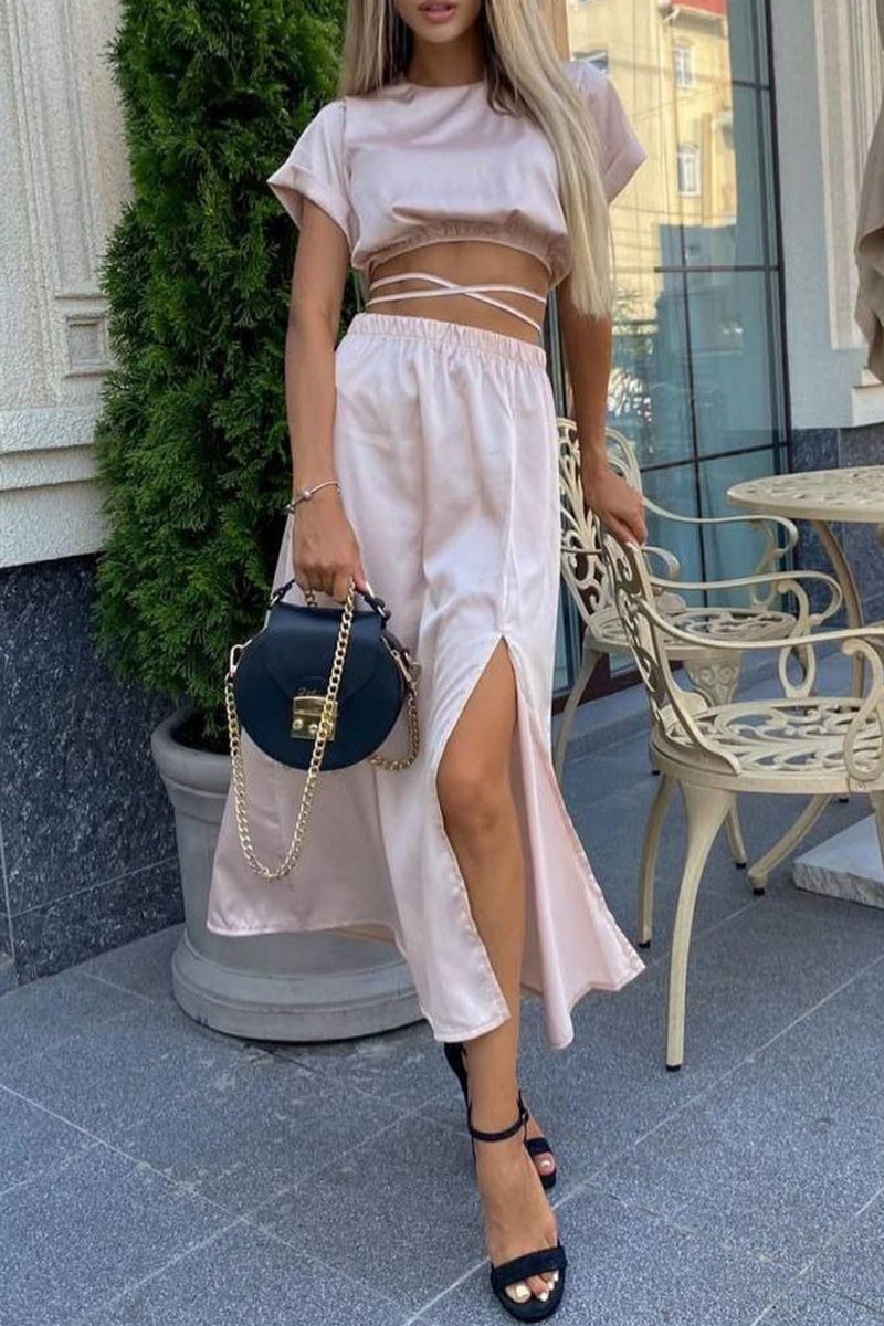 Kaynafashions - Sexy Solid Frenulum Slit O Neck Short Sleeve Two Pieces