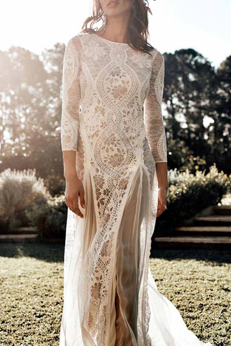 Kaynafashions - Elegant Solid Backless O Neck Lace Dress Dresses