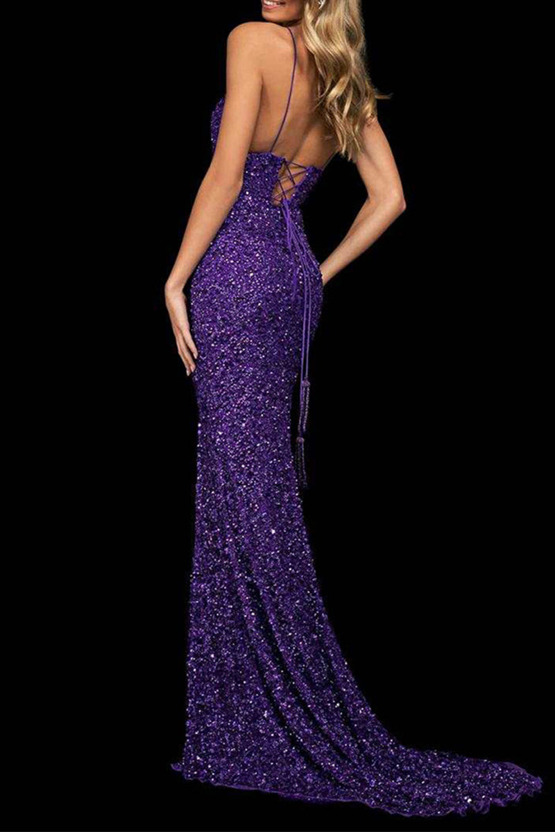 Kaynafashions - Sexy Formal Solid Sequins Backless Slit V Neck Evening Dress Dresses