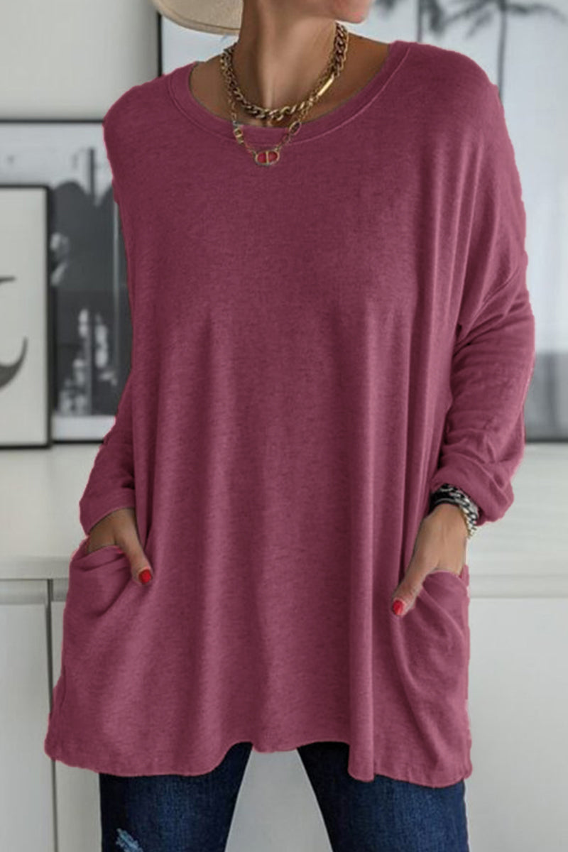 Kaynafashions - Casual Solid Patchwork Pocket O Neck Tops