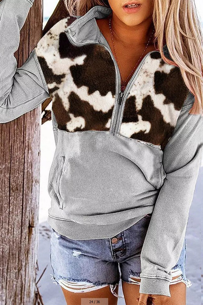 Kaynafashions - Casual Print Zipper Turndown Collar Tops(7 colors)