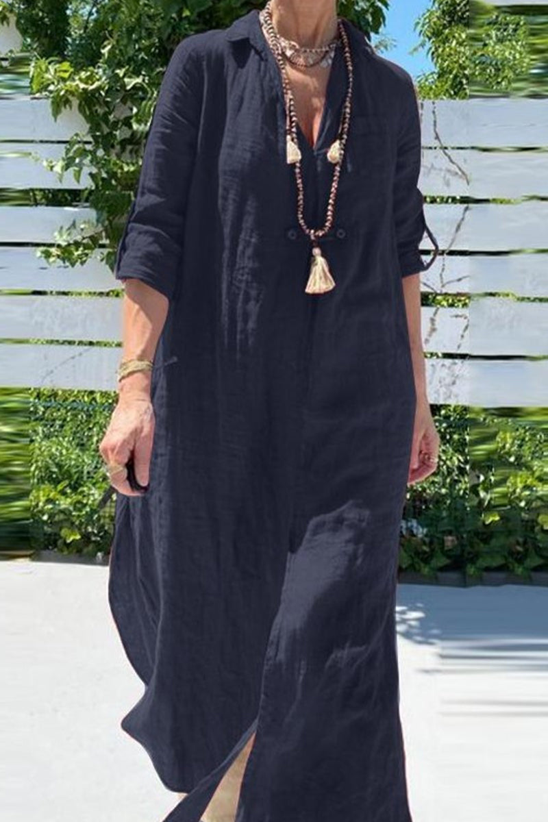 Kaynafashions - Casual Solid Turndown Collar Shirt Dress Dresses