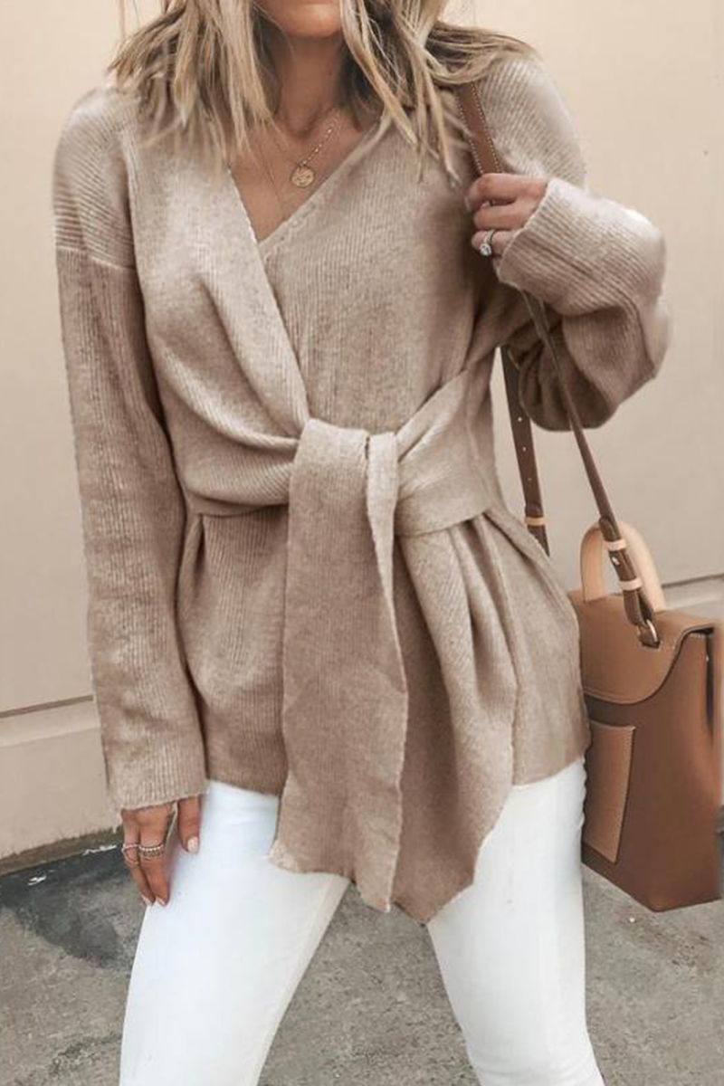 Kaynafashions - Casual Solid Patchwork V Neck Sweaters(4 Colors)