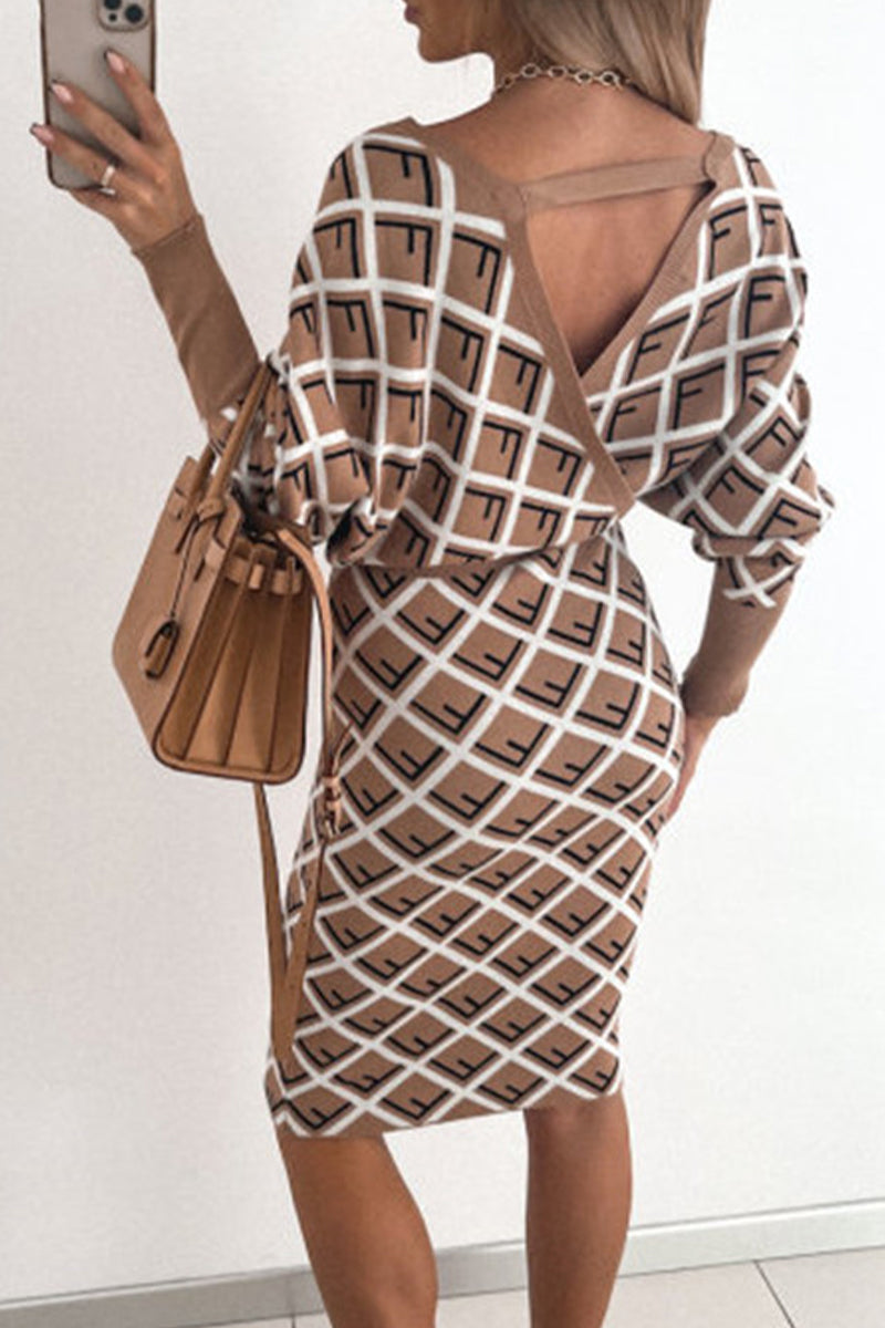 Kaynafashions - Sexy Elegant Printing V Neck Pencil Skirt Dresses