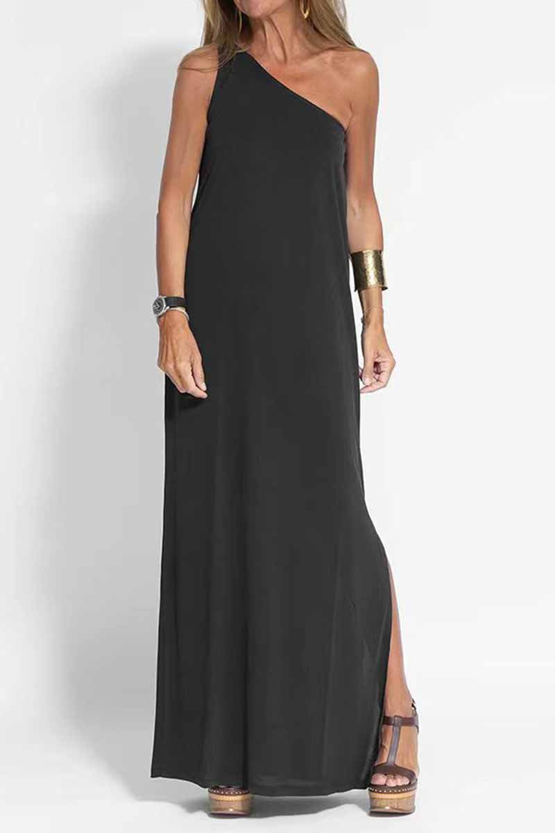 Kaynafashions - Elegant Solid Slit One Shoulder A Line Dresses