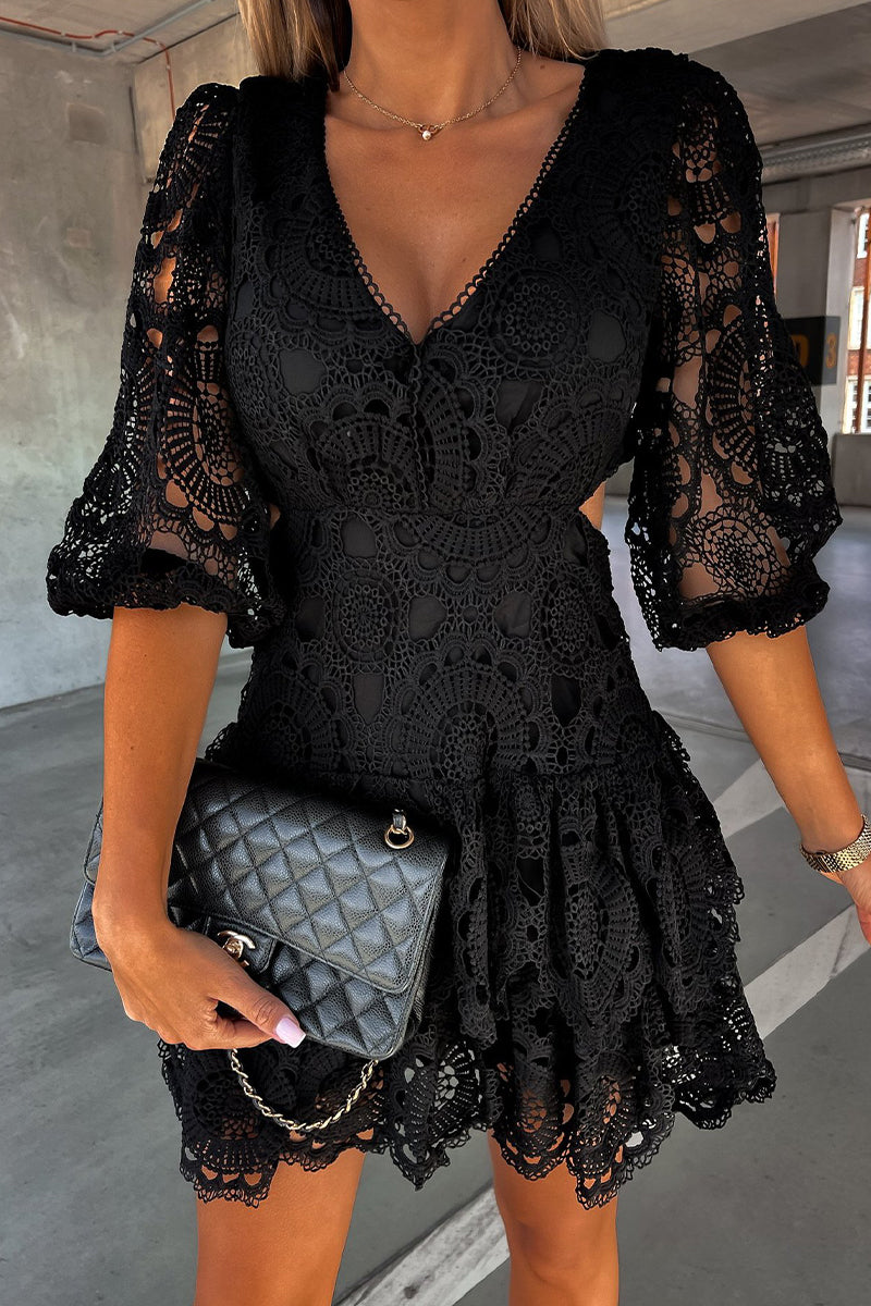 Kaynafashions - Elegant Solid Hollowed Out V Neck Waist Skirt Dresses
