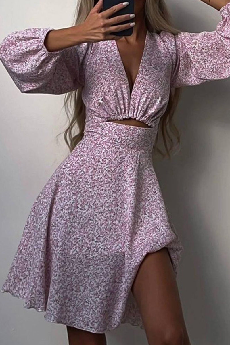 Kaynafashions - Elegant Floral Hollowed Out V Neck A Line Dresses