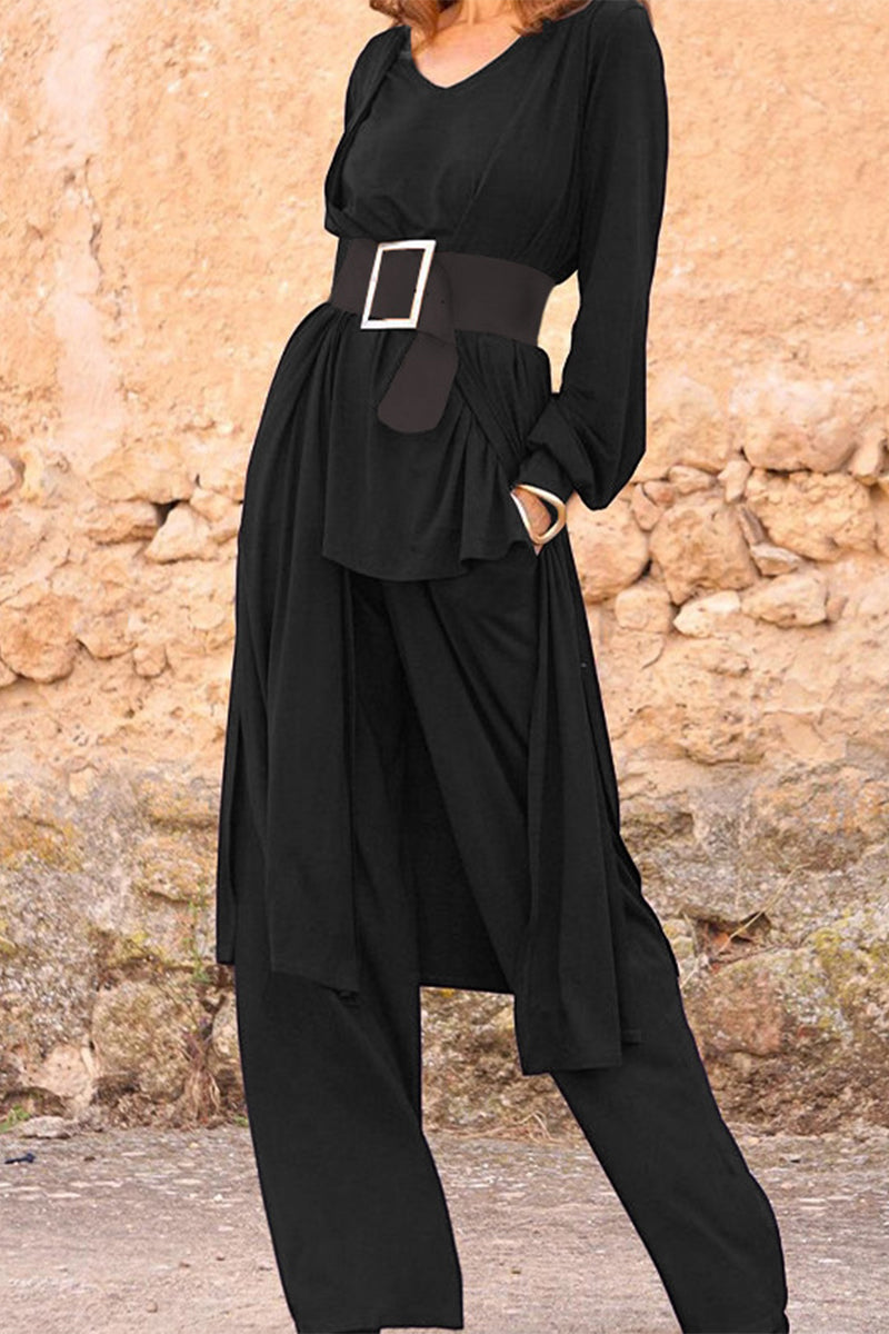 Kaynafashions - Casual Solid With Belt V Neck Long Sleeve Two Pieces