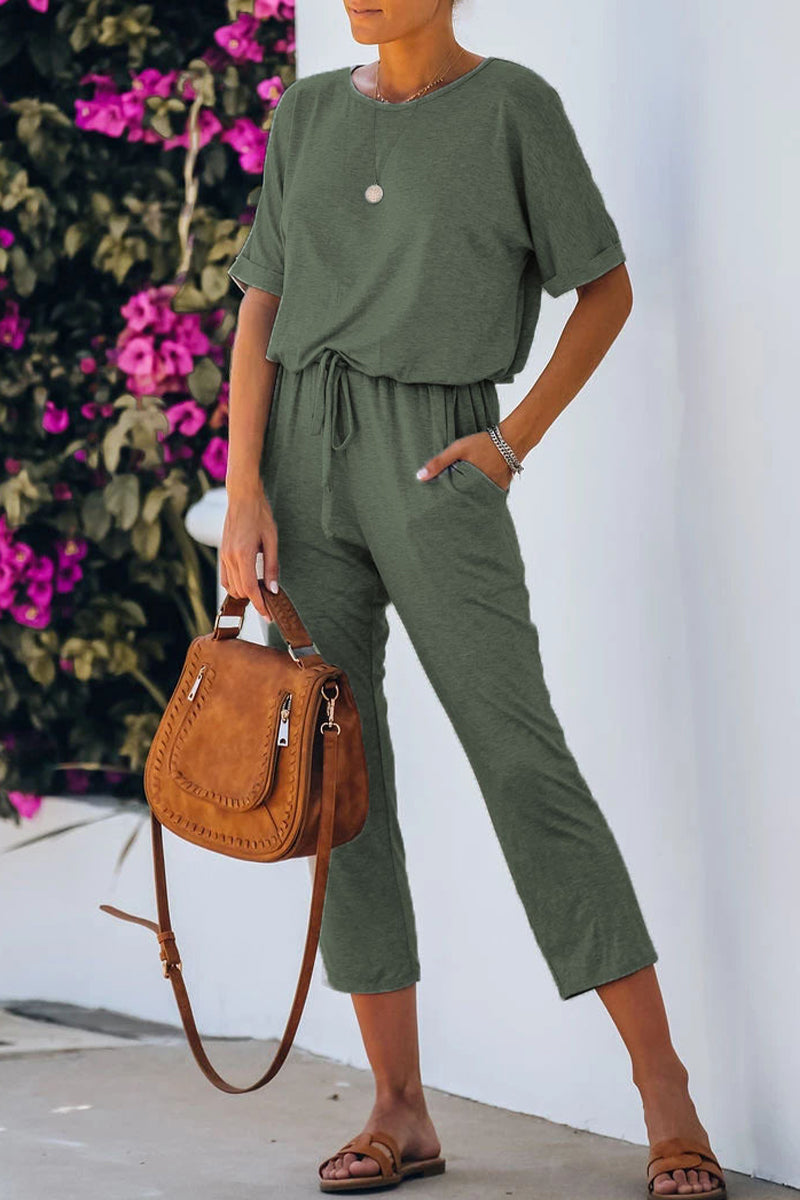 Kaynafashions - Casual Simplicity Solid Solid Color O Neck Regular Jumpsuits(5 Colors)