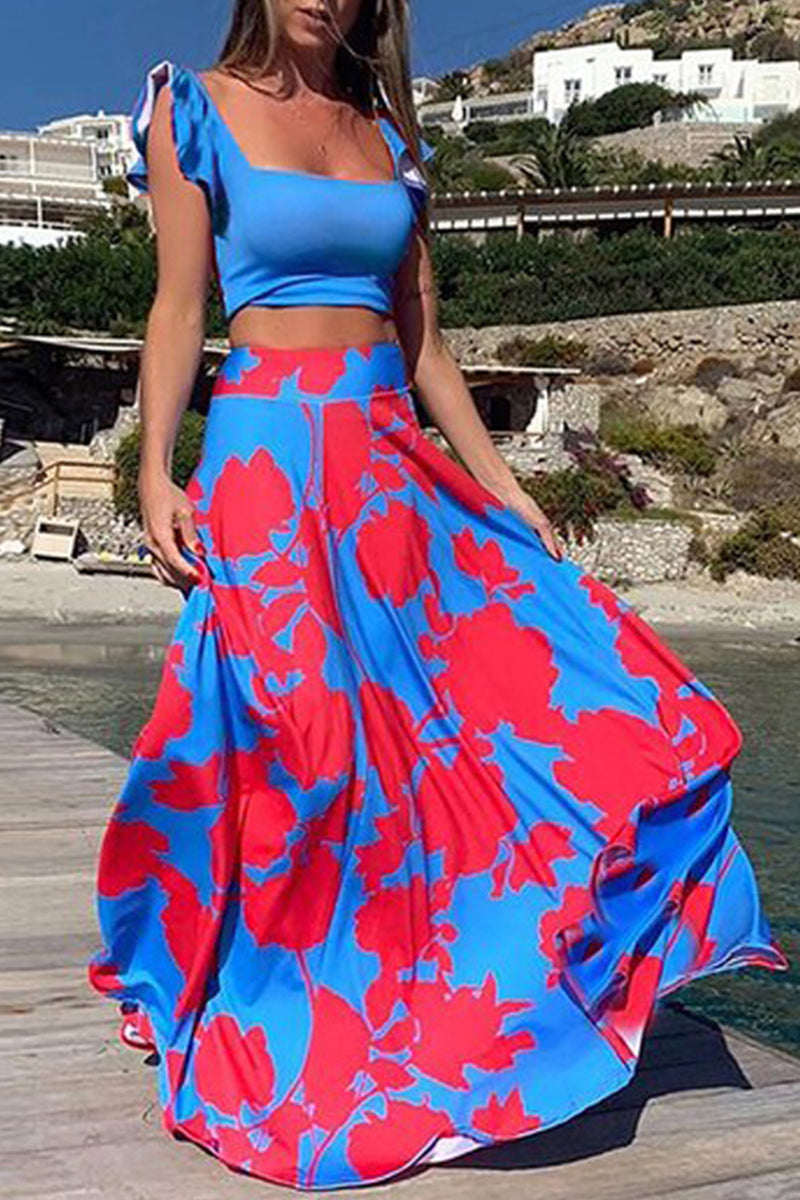 Kaynafashions - Bohemian Vacation Print Patchwork Square Collar Sleeveless Two Pieces(9 Colors)