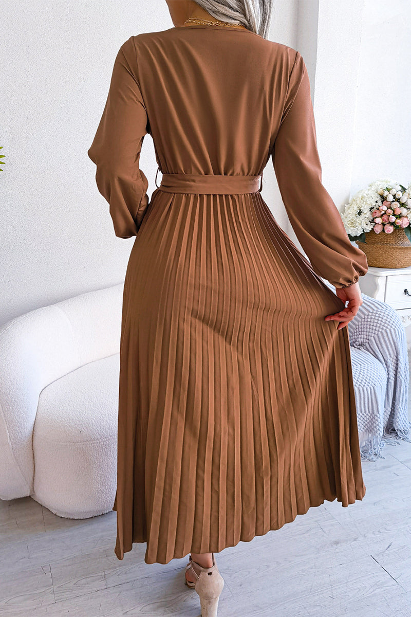 Kaynafashions - Elegant Solid Frenulum Fold V Neck Pleated Dresses(5 Colors)