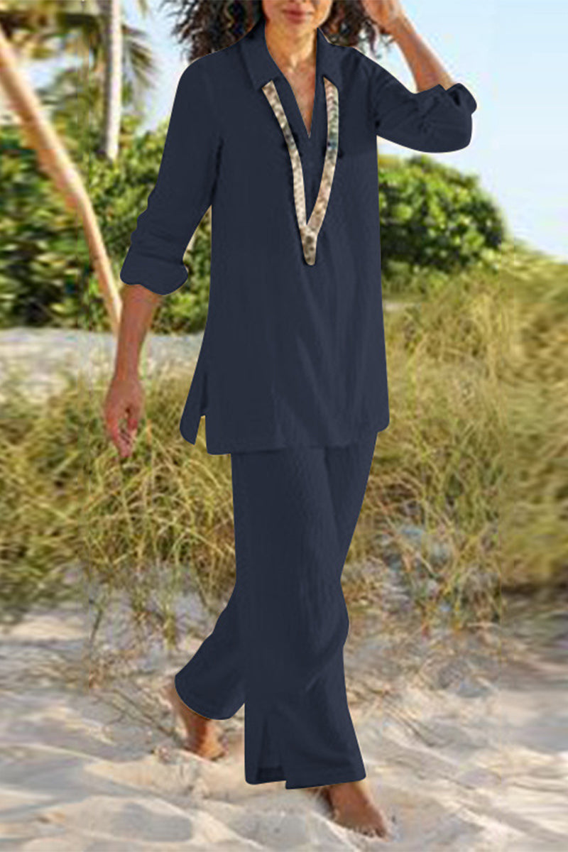 Kaynafashions - Casual Solid Slit V Neck Long Sleeve Two Pieces