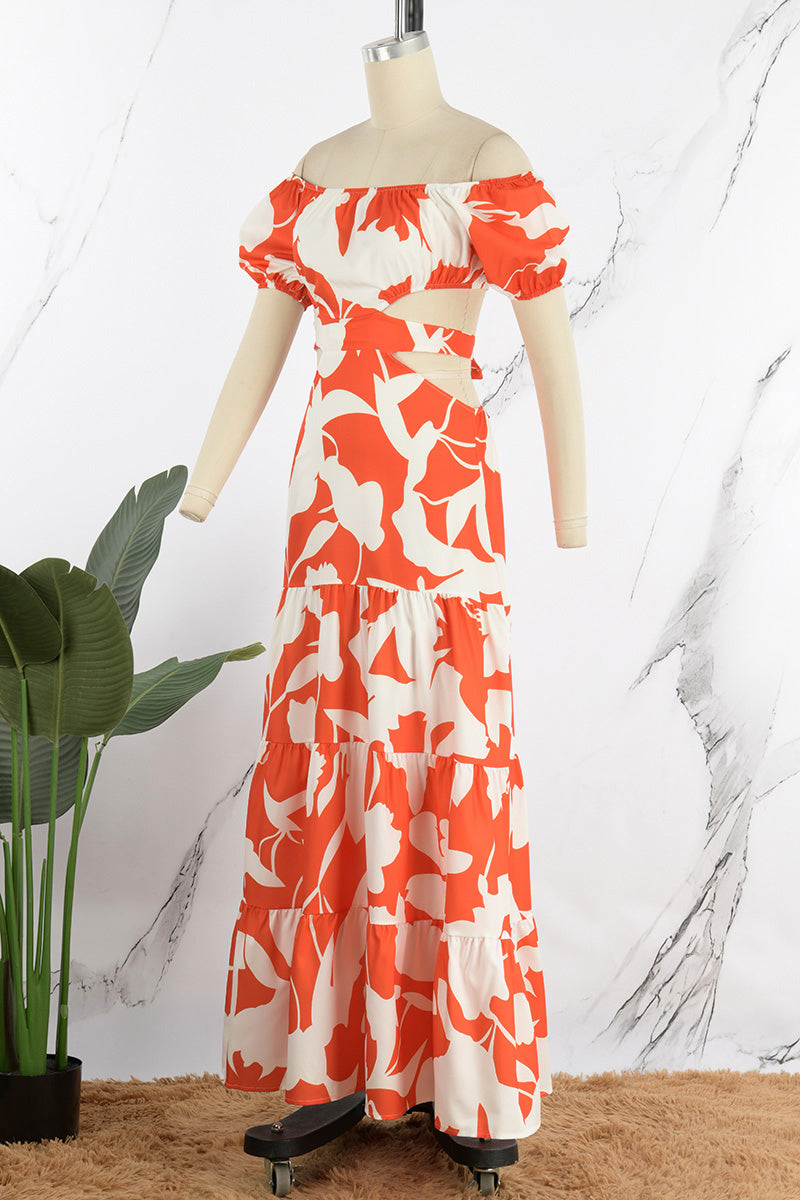 Kaynafashions - Sexy Elegant Print Frenulum Off the Shoulder Printed Dress Dresses(4 Colors)