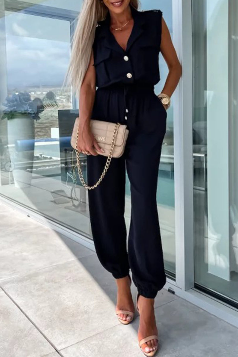 Kaynafashions - British Style Solid Pocket Turndown Collar Loose Jumpsuits(4 Colors)