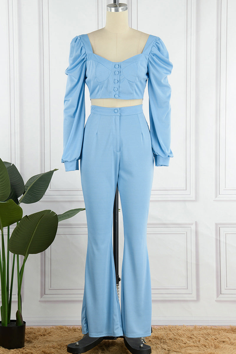 Kaynafashions - Work Elegant Solid Buckle Square Collar Long Sleeve Two Pieces(4 Colors)