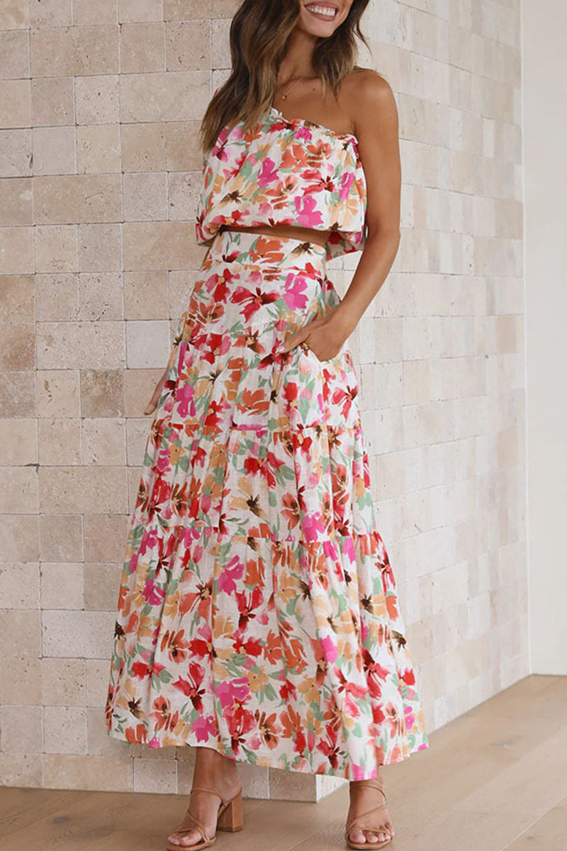 Kaynafashions - Sweet Elegant Floral Asymmetrical Oblique Collar Short Sleeve Two Pieces