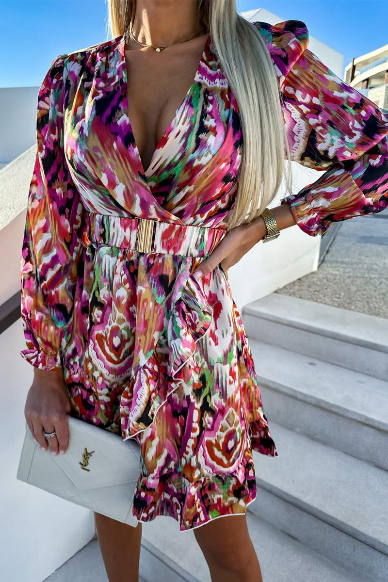 Kaynafashions - Elegant Floral Flounce V Neck Irregular Dress Dresses