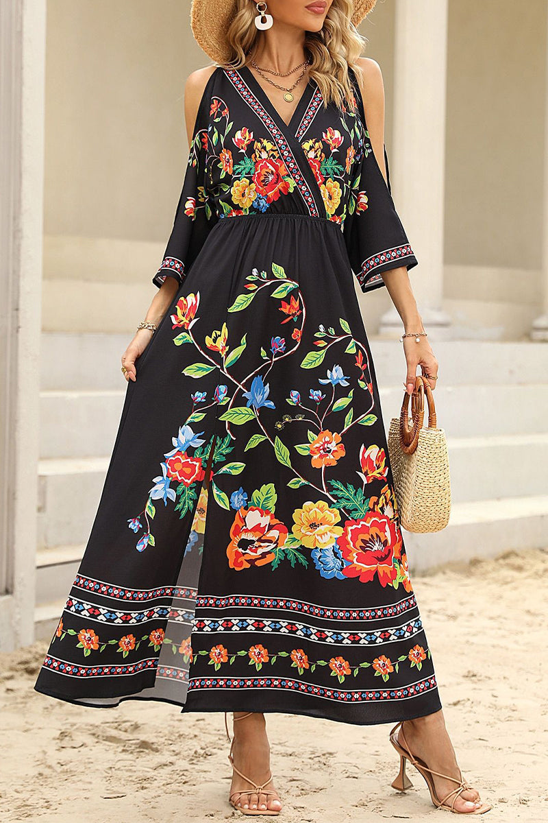 Kaynafashions - Bohemian College Floral Slit V Neck A Line Dresses