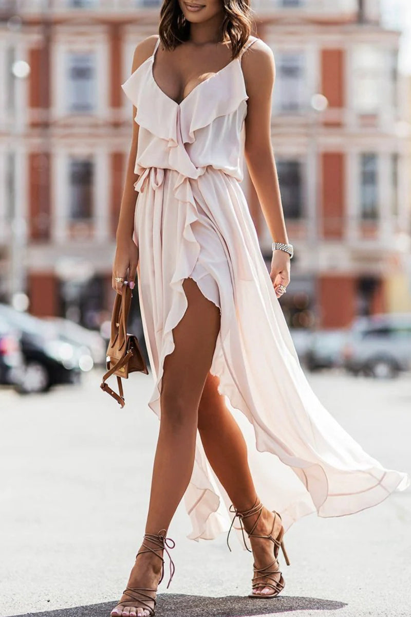 Kaynafashions - Sexy Elegant Vacation Solid Asymmetrical V Neck Irregular Dress Dresses(4 Colors)