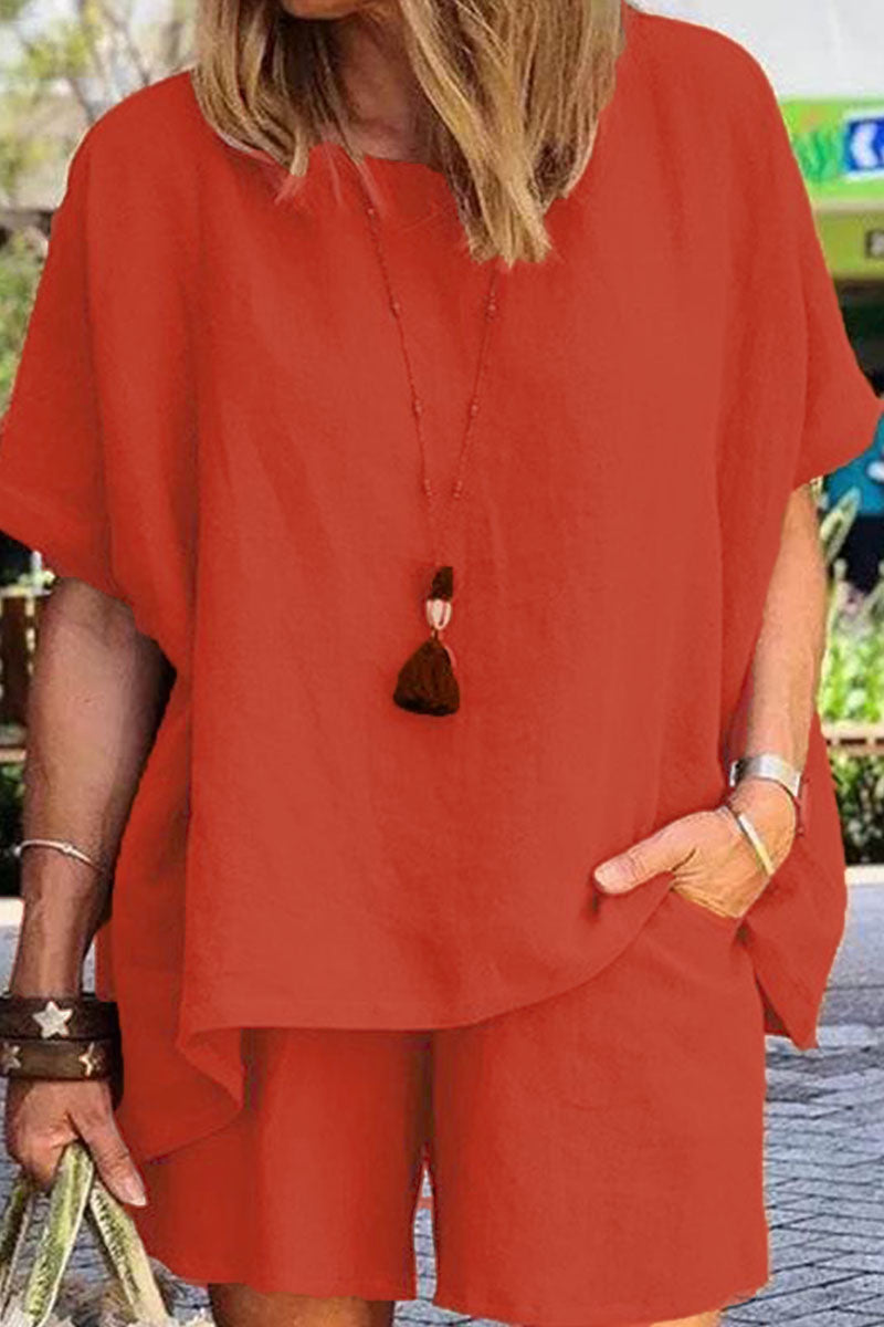 Kaynafashions - Casual Solid Patchwork O Neck Short Sleeve Two Pieces(4 Colors)