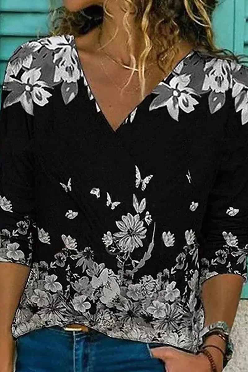 Kaynafashions - Street Print Patchwork V Neck Tops(7 Colors)