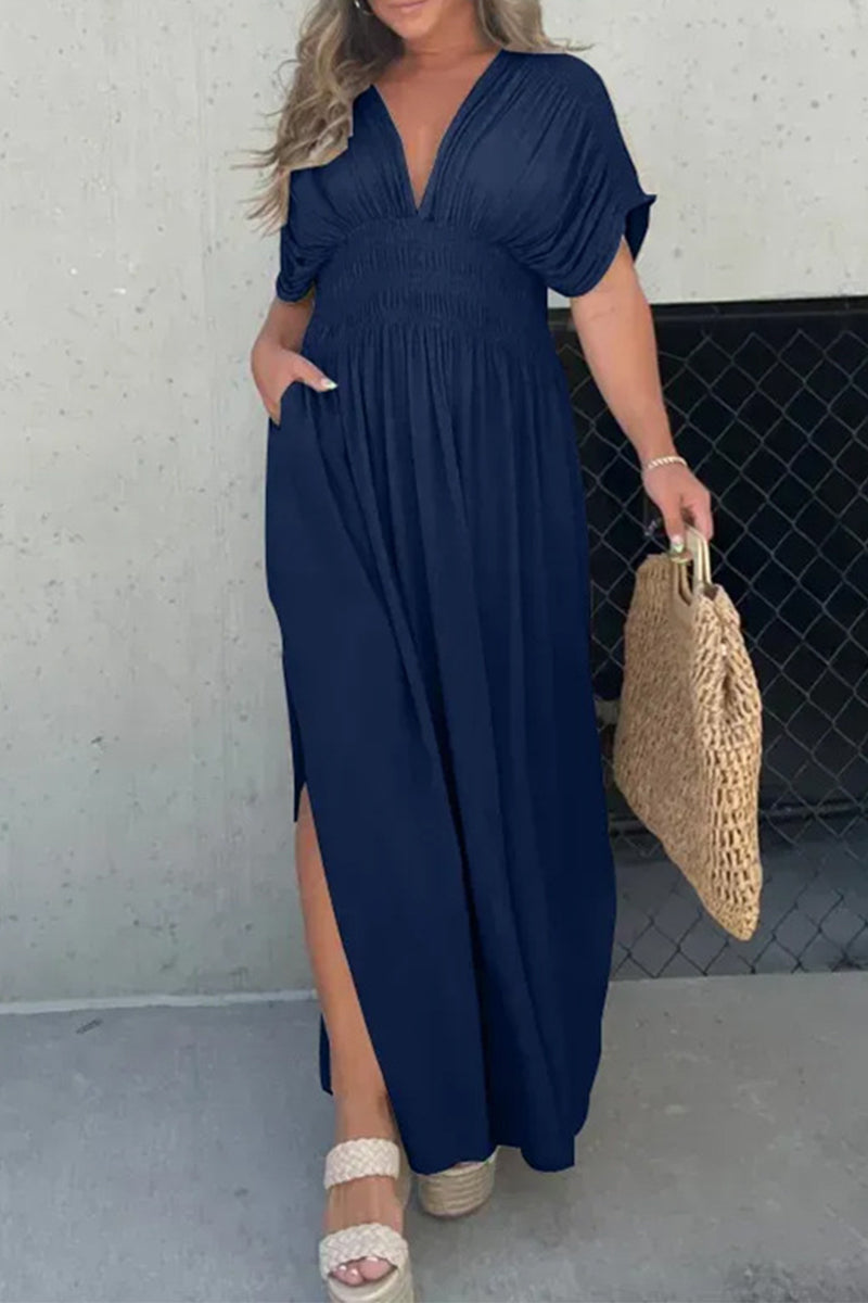 Kaynafashions - Casual Simplicity Solid Pocket V Neck A Line Short Sleeve Dress