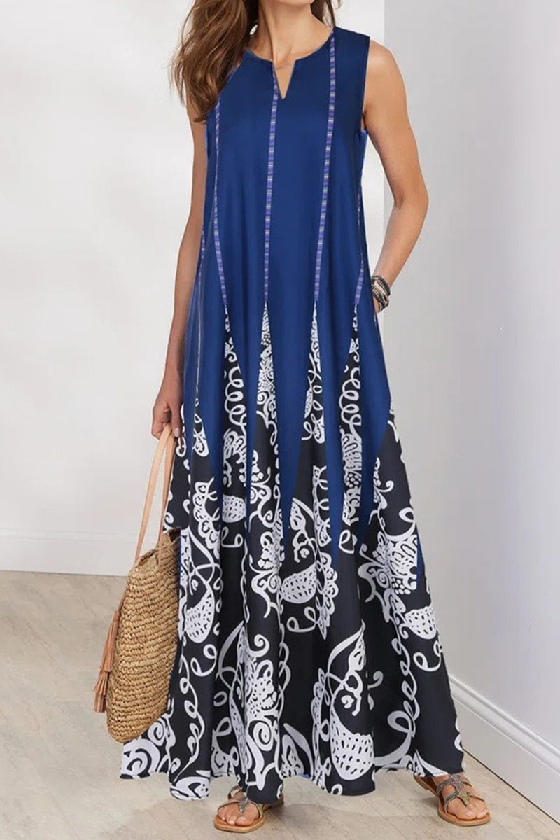 Kaynafashions - Casual Bohemian Print Pocket O Neck A Line Dresses(3 Colors)