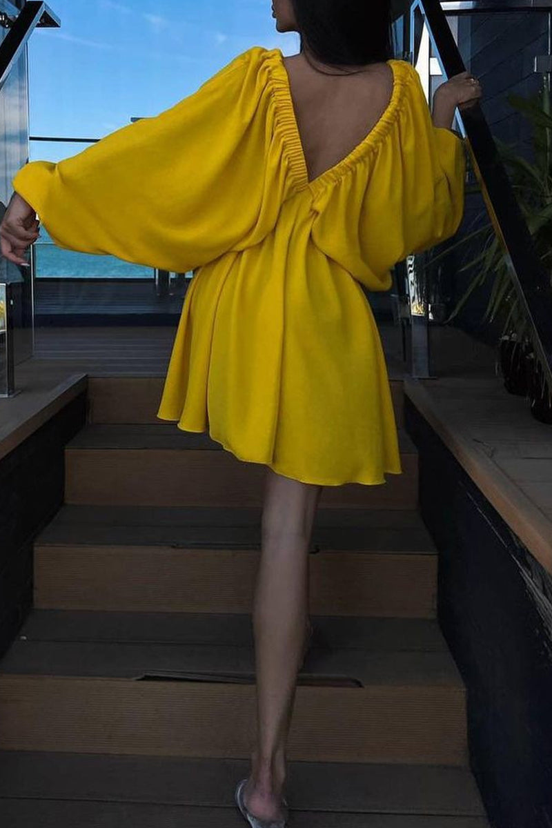 Kaynafashions - Sexy Simplicity Solid Flounce Fold V Neck Long Sleeve Dresses