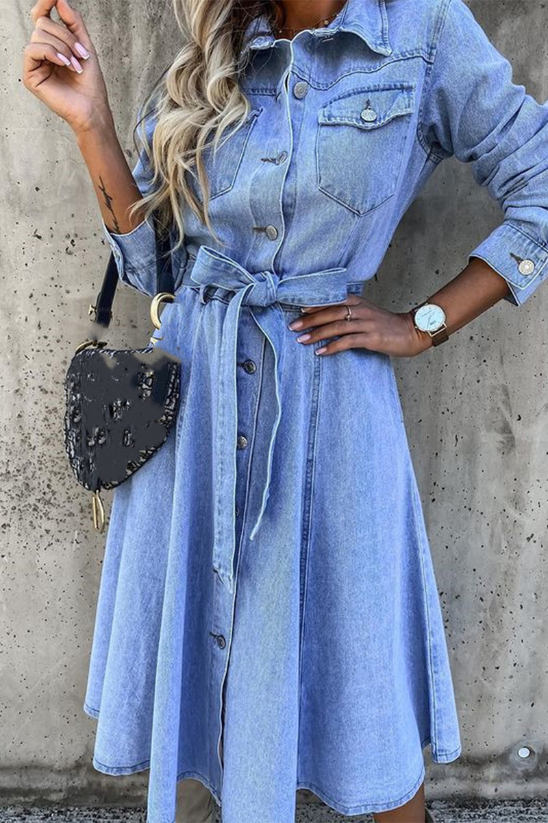 Kaynafashions - Work Elegant Solid Patchwork Pocket Frenulum Buckle Turndown Collar Long Sleeve High Waist Regular Denim Dresses