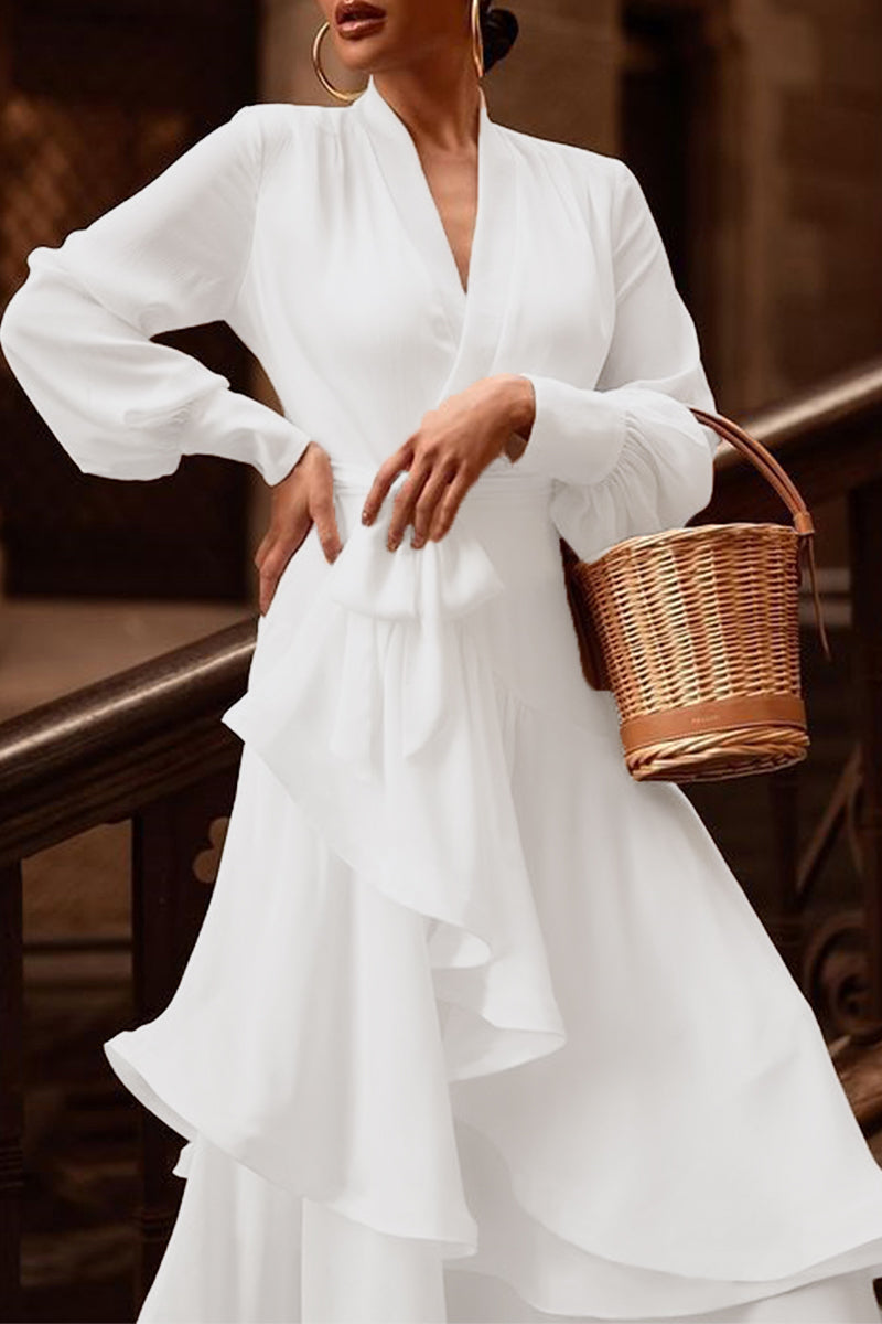 Kaynafashions - Elegant Simplicity Solid Flounce V Neck Irregular Dress Dresses