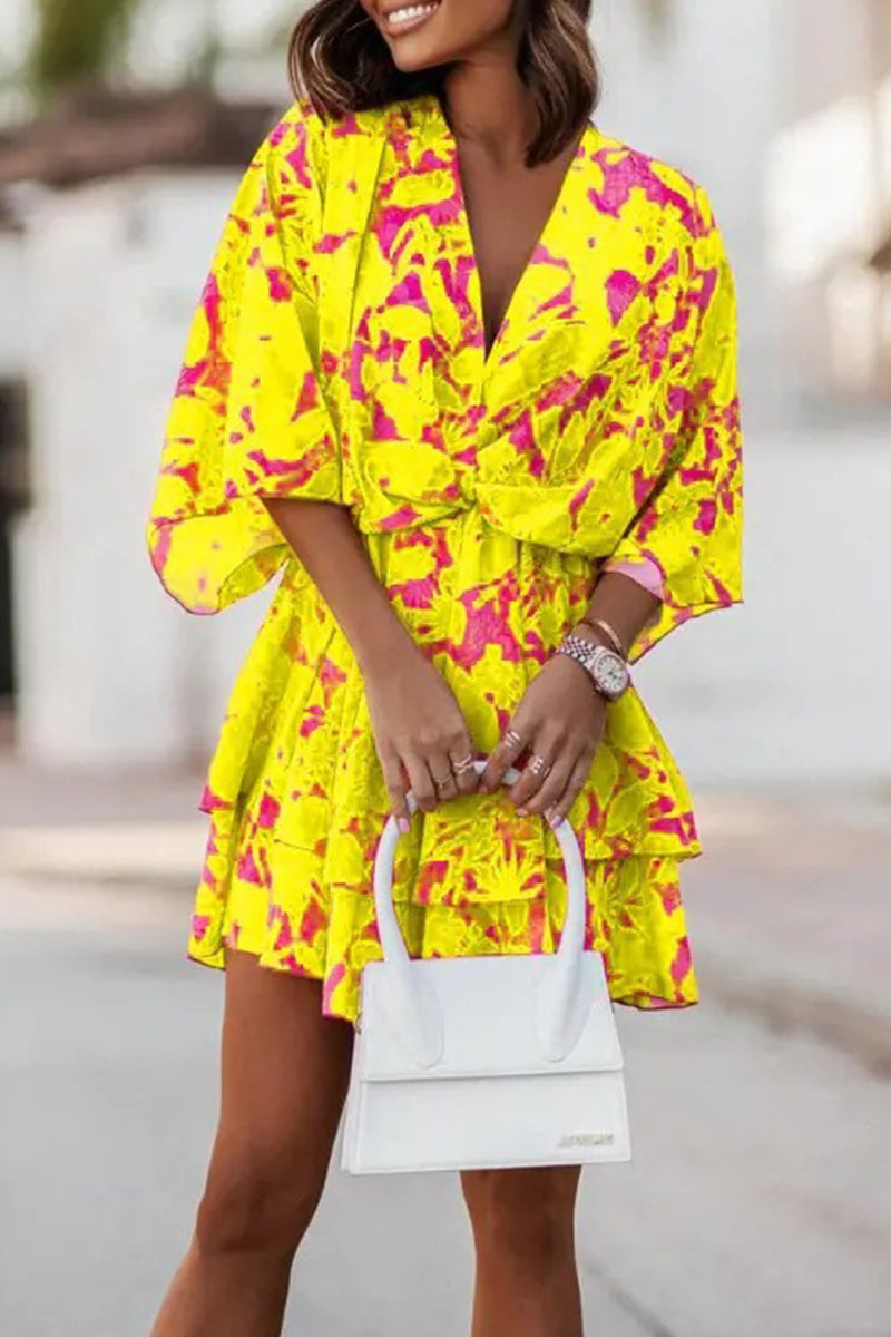 Kaynafashions - Sweet Elegant Floral Patchwork V Neck Pleated Dresses(9 Colors)
