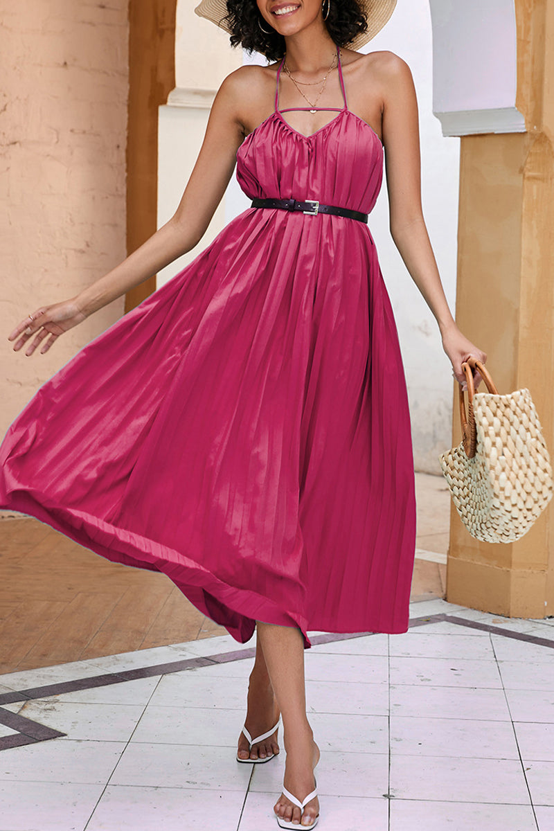Kaynafashions - Sexy Vacation Solid Fold With Belt Halter A Line Dresses(4 Colors)