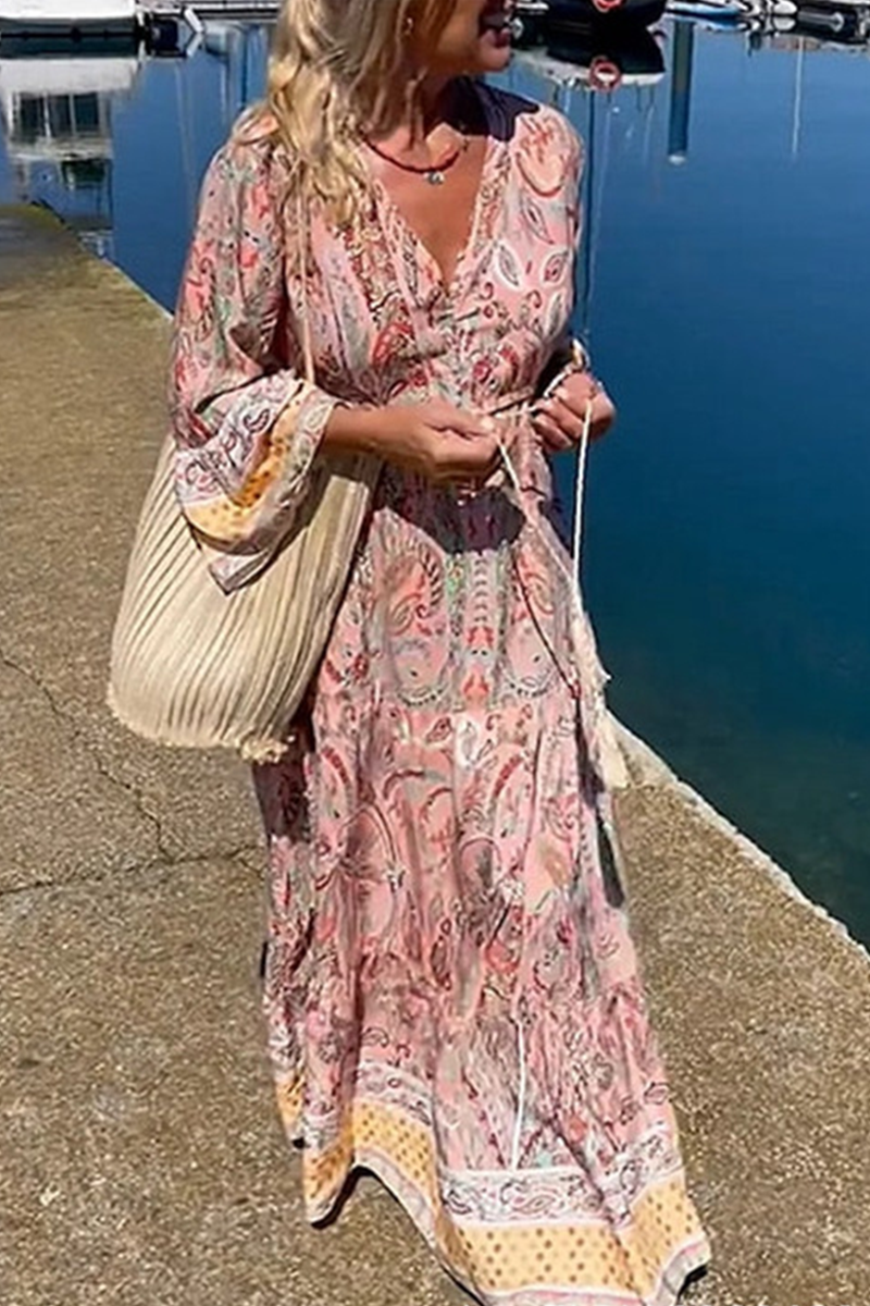 Kaynafashions - Bohemian Elegant Floral Patchwork V Neck A Line Dresses