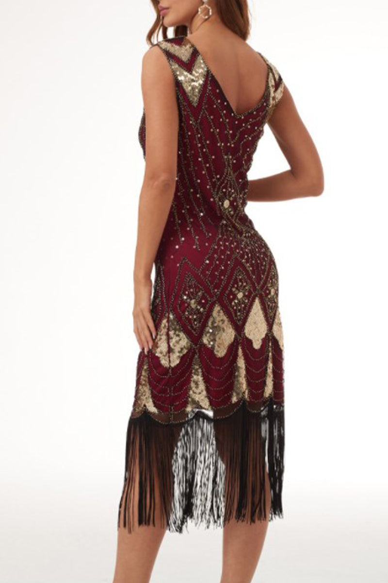Kaynafashions - College Formal Patchwork Tassel Sequins Beading V Neck Evening Dress Dresses(3 Colors)